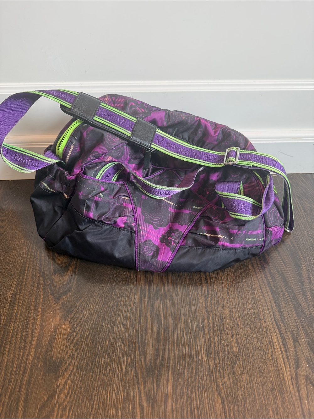 Ivivva Purple and Black Floral Crossbody with Lime Trim dance bag duffle bag